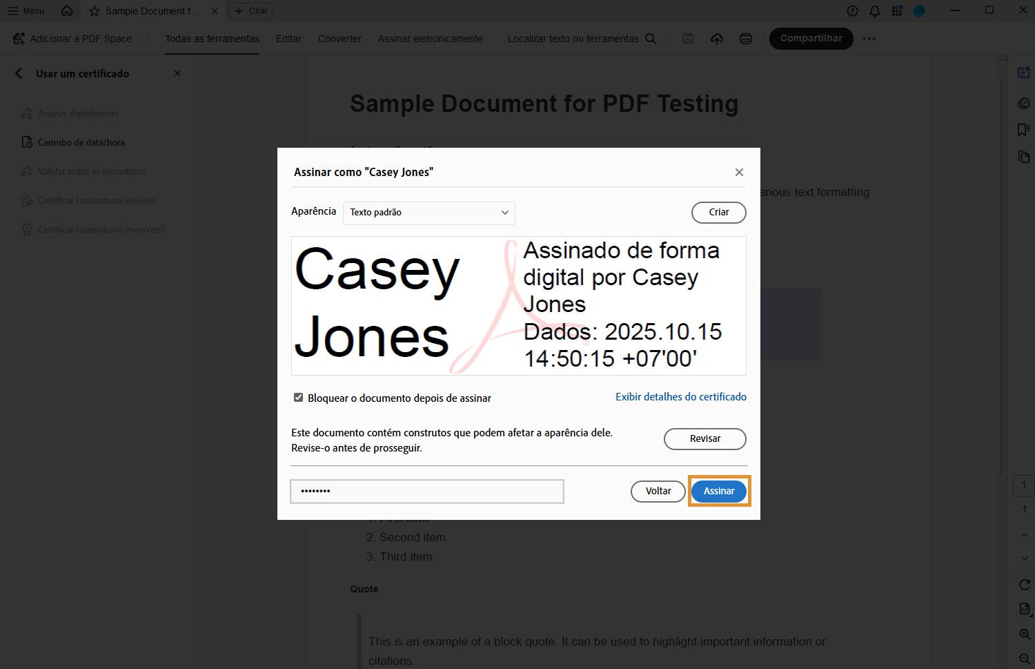 Janela do Adobe Acrobat para selecionar o certificado e aplicar uma assinatura digital