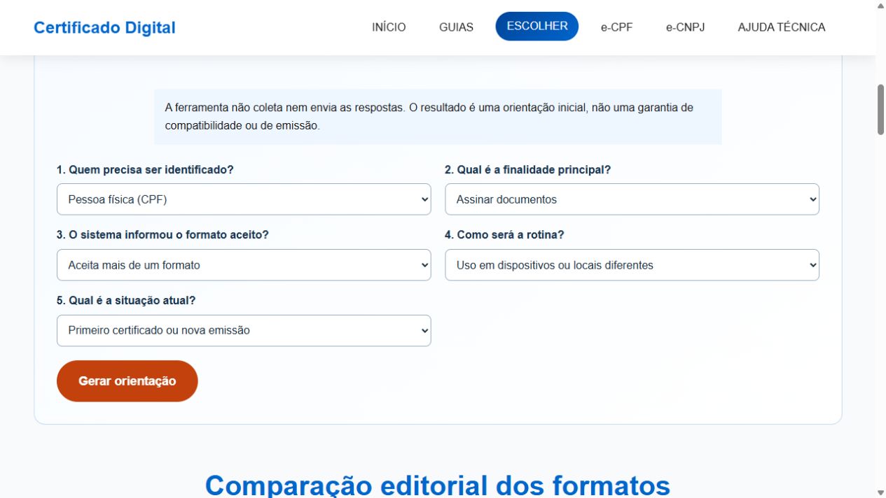 Ferramenta de escolha preenchida com pessoa física, assinatura, múltiplos formatos, rotina móvel e nova emissão
