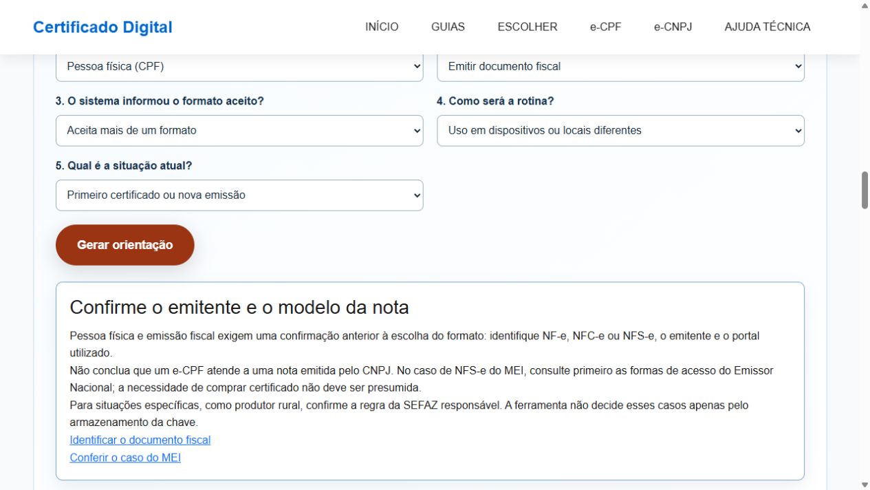 Resultado próprio da ferramenta alertando para confirmar emitente e modelo da nota no cenário PF com emissão fiscal