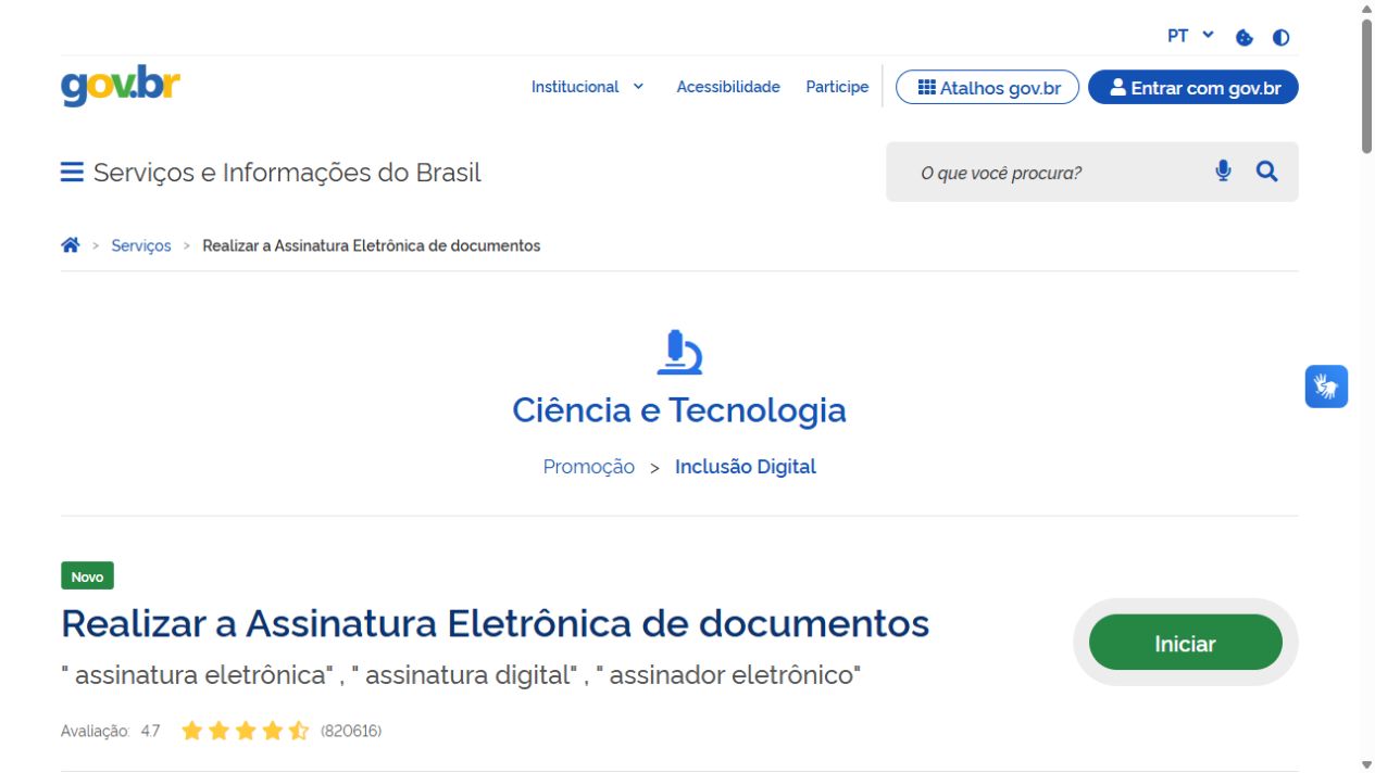 Página GOV.BR Realizar a Assinatura Eletrônica de documentos com o botão Iniciar