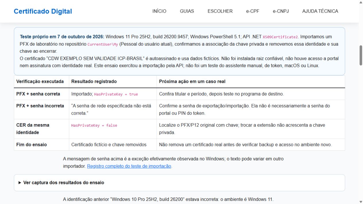 Registro do teste próprio com PFX contendo chave e CER sem chave privada