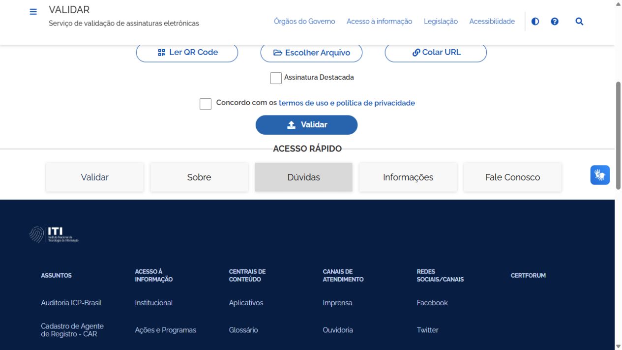 Interface do VALIDAR com opções Ler QR Code, Escolher Arquivo, Colar URL e Assinatura Destacada